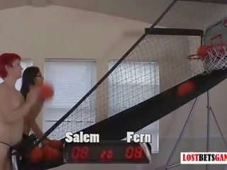 Two charming girls Salem and Fern play strip basketball shootout