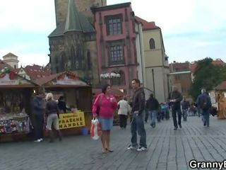 Granny tourist jumps on shaft