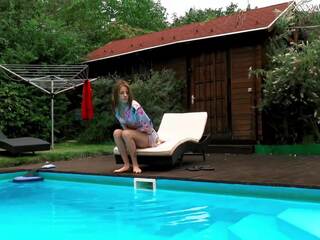 Hungarian petite skinny cutie Hermione nude in pool