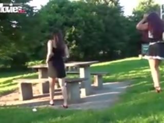 Two Lesbians Casually Flash Their Pussies In A Public Park