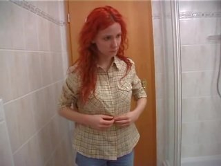 Porner Premium: Readhead feature masturbutes in bathroom.
