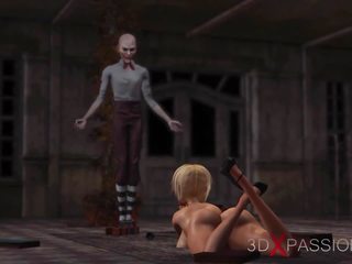 Joker jebe težko privlačen klovn gospa v abandoned bloke scout
