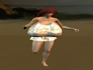 Bigtit 3d chick running on the beach